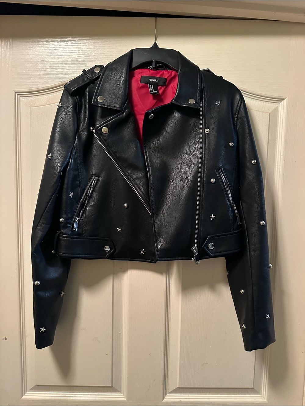Forever 21 Black Studded & Star-Embellished Faux Leather Moto Jacket